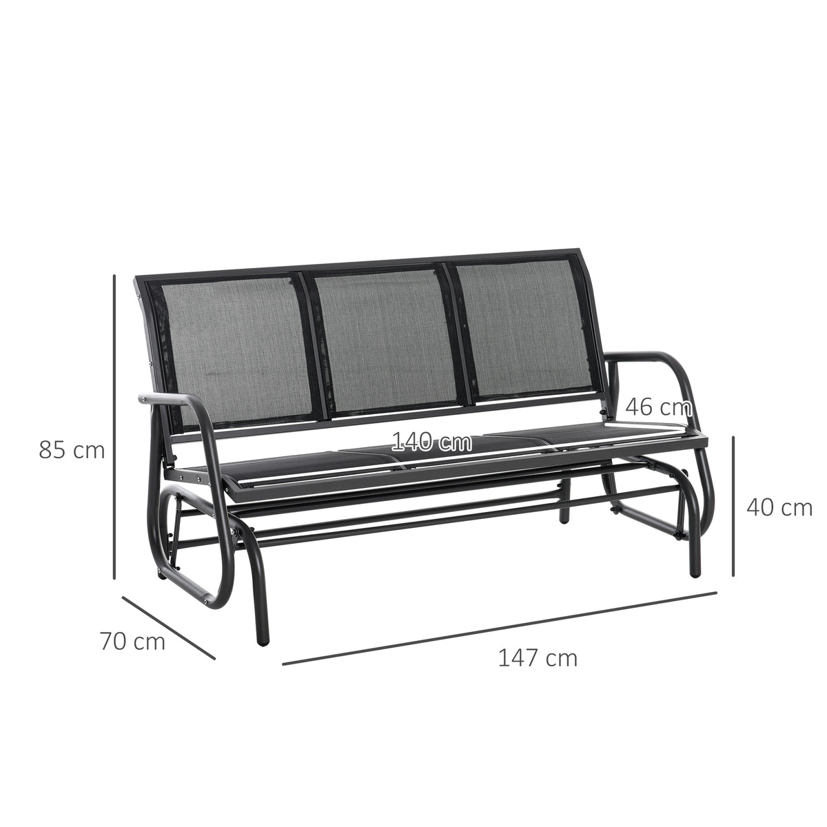 Outsunny 3-Sitzer Schaukelstuhl Gartenbank mit Schaukelmechanismus Gartenschaukel Sitzbank aus Metall Parkbank bis 300 kg belastbar Gartenmöbel für Garten, Terrasse, 147 x 70 x 85 cm Dunkelgrau