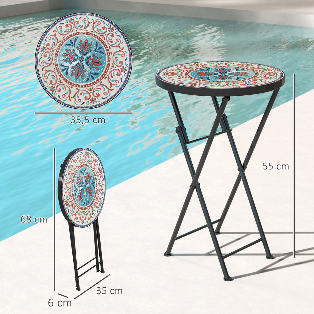 Outsunny Mosaik-Gartentisch, Faltbarer runder Terrassentisch mit Metallrahmen und Keramik-Tischplatte, Mosaik-Muster, Mehrfarbig