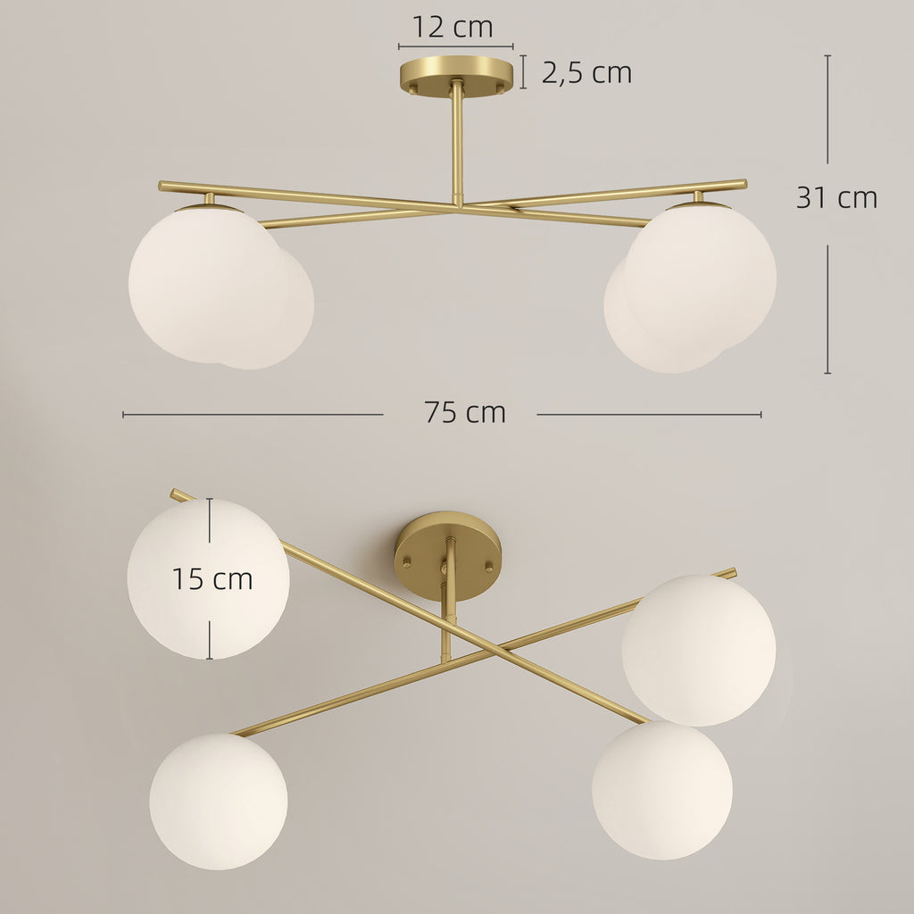 HOMCOM Moderne Deckenleuchte mit 4 Lichtern und E14-Sockel, Pendelleuchte, halbflächenbündige Montage, Goldfarben