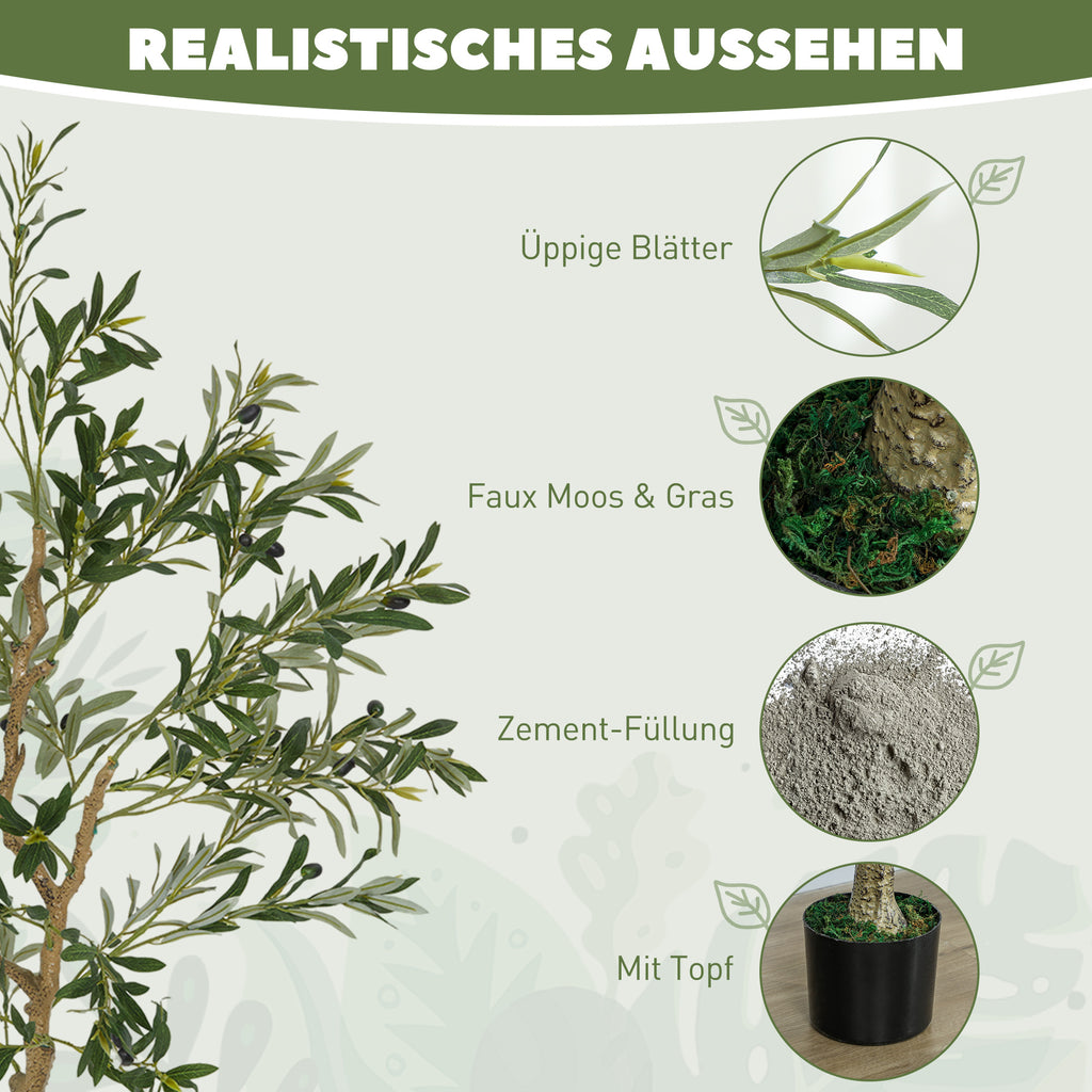 HOMCOM Kunstpflanze, Künstlicher Olivenbaum, 150 cm, 720 Blätter, 40 Oliven, stabiler Blumentopf, Dekorationspflanze, Grün