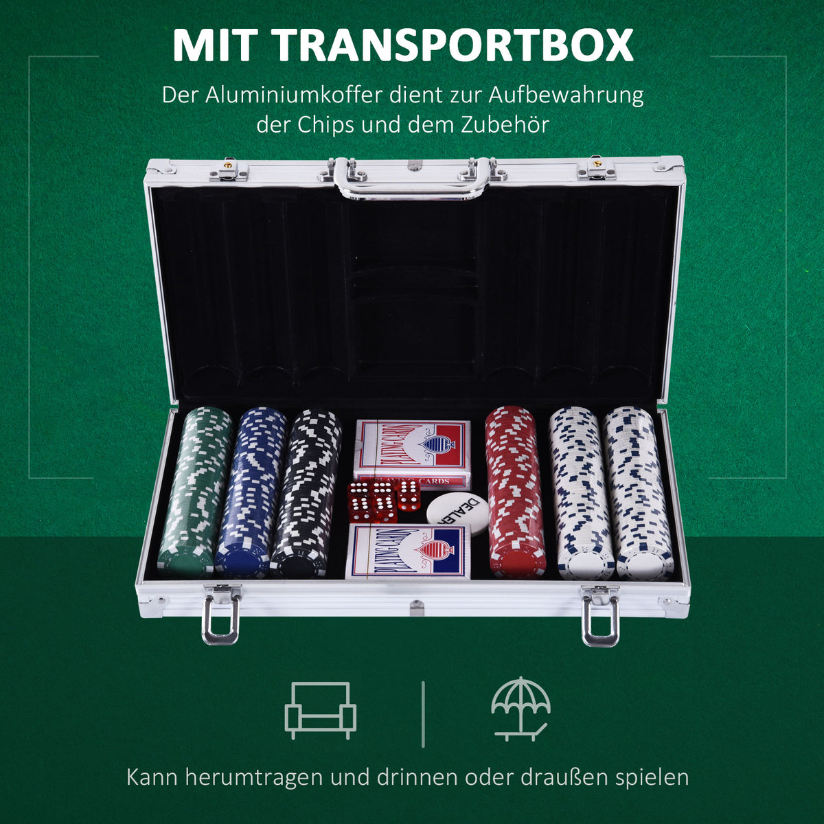 HOMCOM Pokerkoffer abschließbar Pokerset mit Koffer 300 Chips 5 Würfel 2 Kartendecks Zubehör, Pokerchips Komplett Set Pokerspiel Kartenspiele Aluminiumkoffer für Texas Hold'em, Blackjack