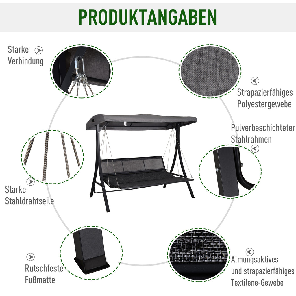 Outsunny Hollywoodschaukel 3-Sitzer-Hollywoodschaukel, inkl. Kissen, wetterbeständig, 200 cm x 115 cm x 168 cm, Grau