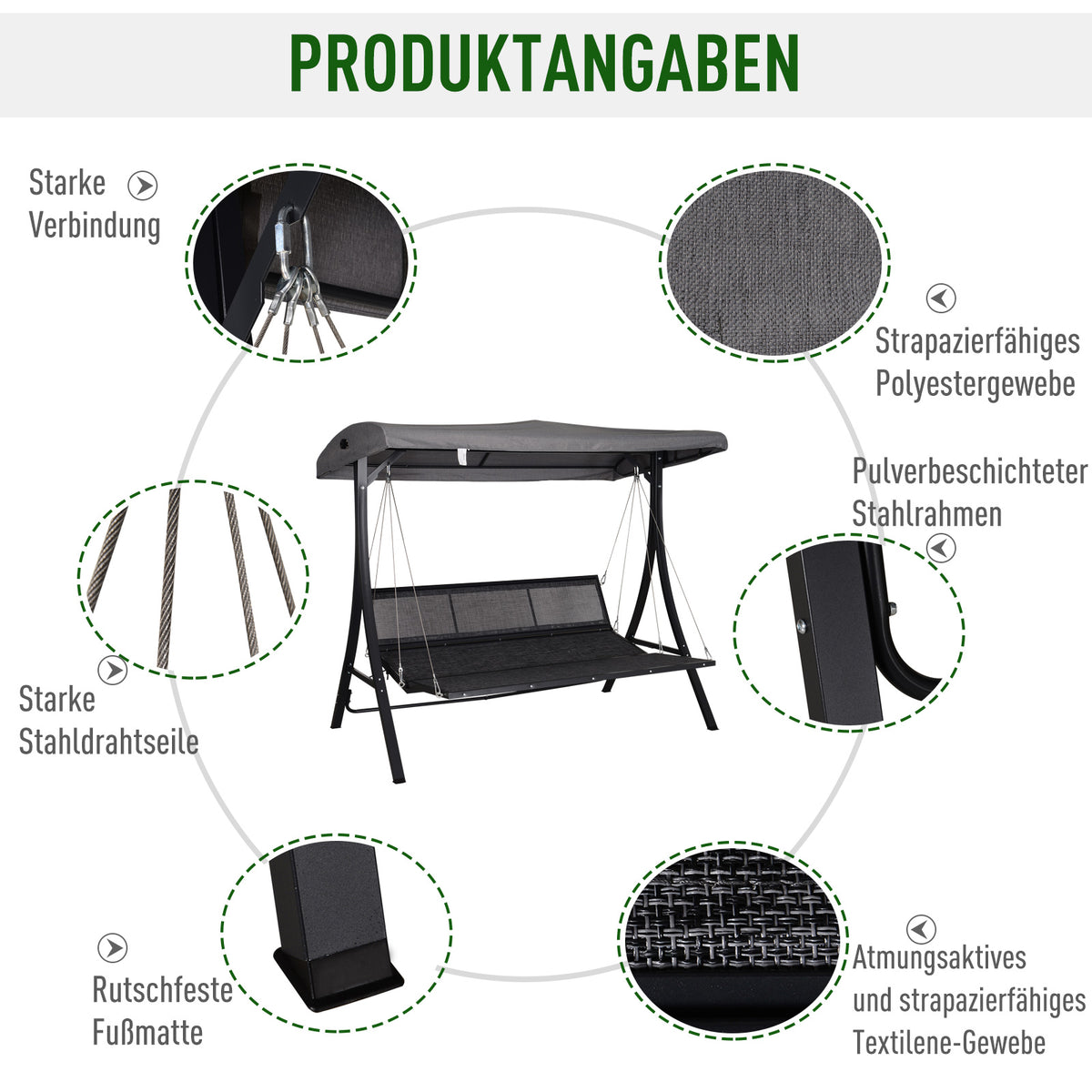 Outsunny Hollywoodschaukel 3-Sitzer-Hollywoodschaukel, inkl. Kissen, wetterbeständig, 200 cm x 115 cm x 168 cm, Grau