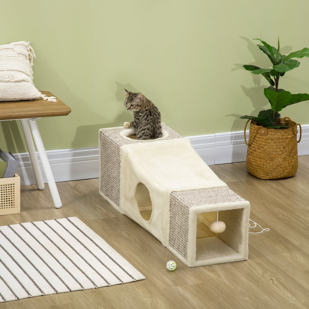 PawHut Katzentunnel, 2 Katzenhöhlen, Kratzflächen und Ballspielzeug, 98 cm x 30 cm x 30 cm, Braun + Beige