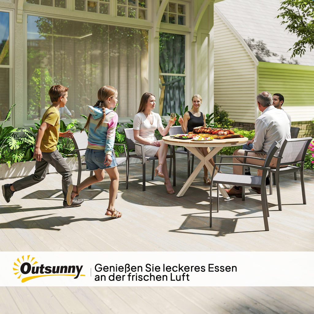 Outsunny Gartentisch Ø118cm, Wetterfest Balkontisch aus Aluminium, Beistelltisch mit Kreuzbeine Lattendesign Teak