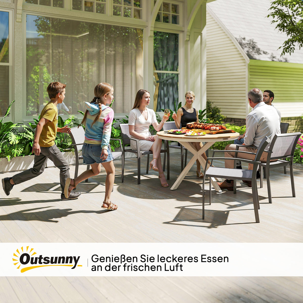 Outsunny Gartentisch Ø118cm, Wetterfest Balkontisch aus Aluminium, Beistelltisch mit Kreuzbeine Lattendesign Teak