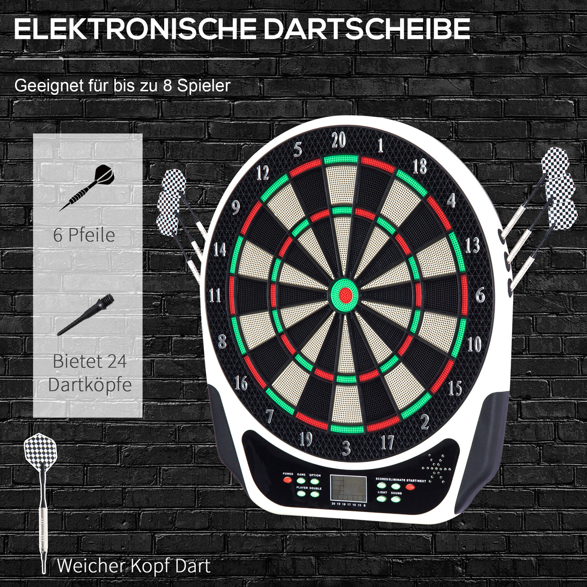 HOMCOM Elektronische Dartscheibe Dartboard mit Sprachansagen LED-Anzeigen 6 Darts 24 Dartköpfe 18 Spiele 159 Varianten Dartautomat Dartscheibe Set für bis zu 8 Spieler