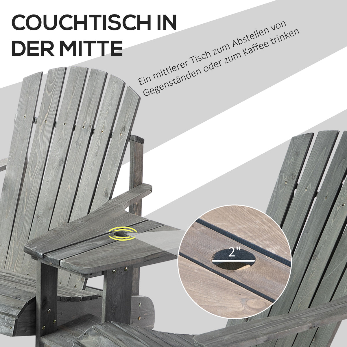 Outsunny Adirondack Gartenstuhl mit Tisch und Schirmloch 2 Sitzer Gartensessel Sitzgruppe Gartenmöbel für Balkon Massivholz Grau 178 x 87 x 92 cm