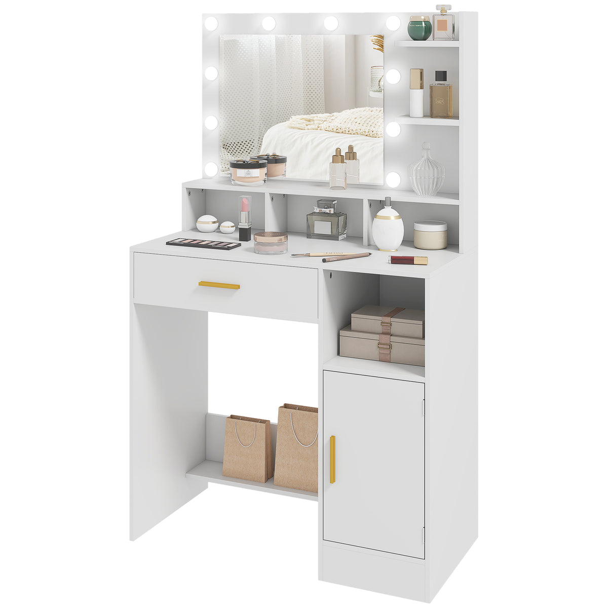 HOMCOM Frisiertisch mit LED-Spiegel und 10 Lichtern, dimmbar, Schublade, Schrank und offene Regale, 80x40x135cm, weiß
