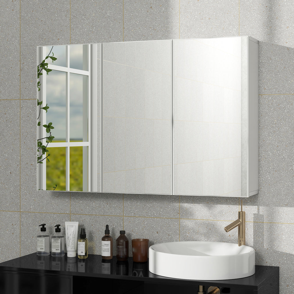 HOMCOM Badezimmerspiegelschrank, Badschrank mit 3 Spiegeltüren, Wandmontage, 90 x 15,5 x 60 cm, Spanplatte, Weiß