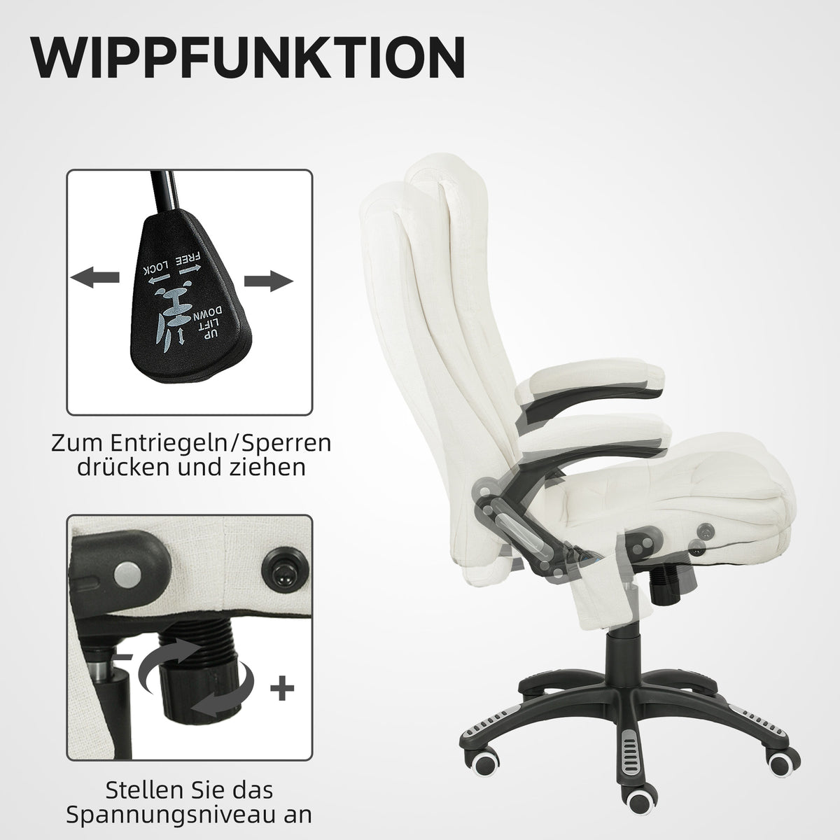 Vinsetto Ergonomischer Schreibtischstuhl mit Massagefunktion, 68 x 72 x 110–120 cm, Cremeweiß