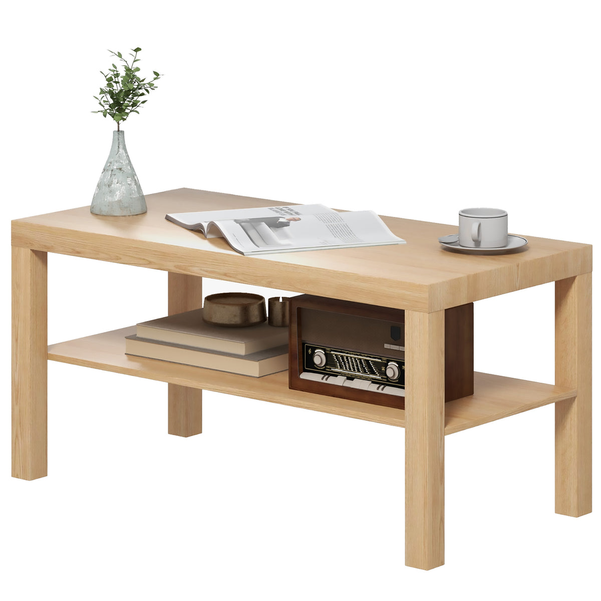 HOMCOM Rechteckiger Couchtisch mit großem Regal, 90×45×44,5 cm, Natürliches Holz