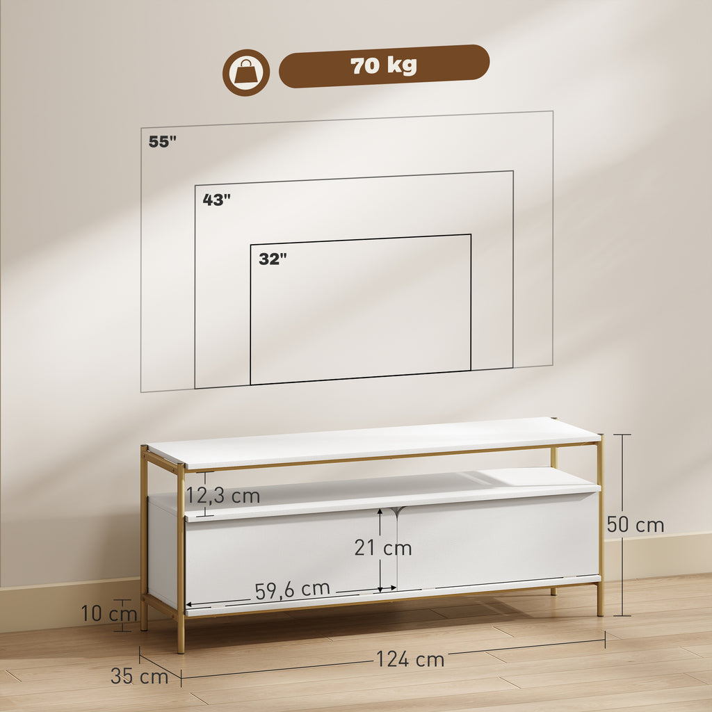 HOMCOM TV-Möbel TV-Rack für Fernseher bis 55 Zoll mit 2 Klappentüren und offenem Regal, 124x35x50cm, Weiß