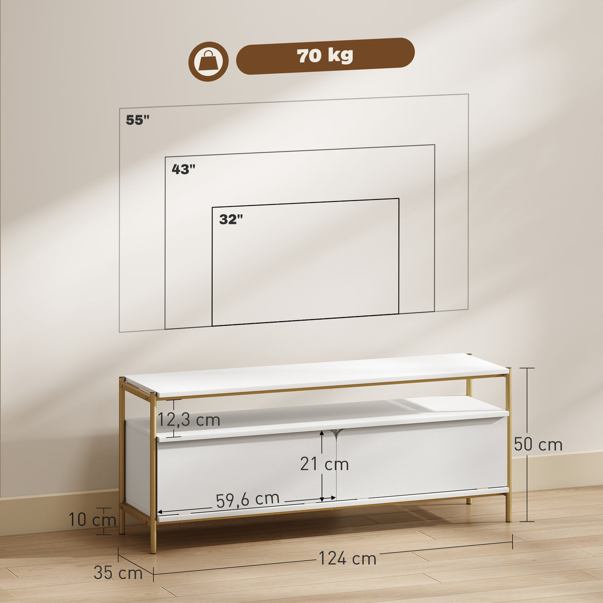 HOMCOM TV-Möbel TV-Rack für Fernseher bis 55 Zoll mit 2 Klappentüren und offenem Regal, 124x35x50cm, Weiß