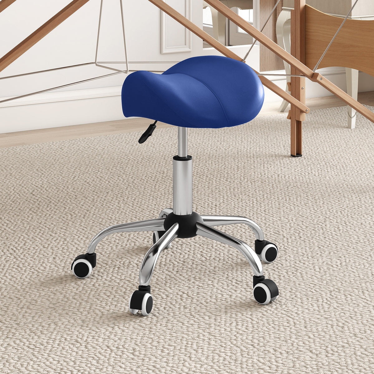 HOMCOM Rollhocker, Arbeitsstuhl mit höhenverstellbarer 49-61 cm und ergonomischem Sattel, 52x53x49-61cm, blau