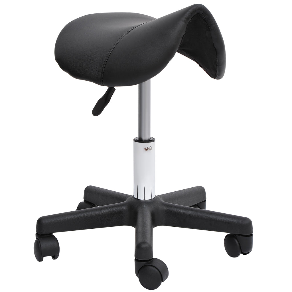 HOMCOM Rollhocker, sattelförmiger Sitz, höhenverstellbar, um 360° drehbar, Kunstleder, schwarz, 35 x 38 x 45-55 cm