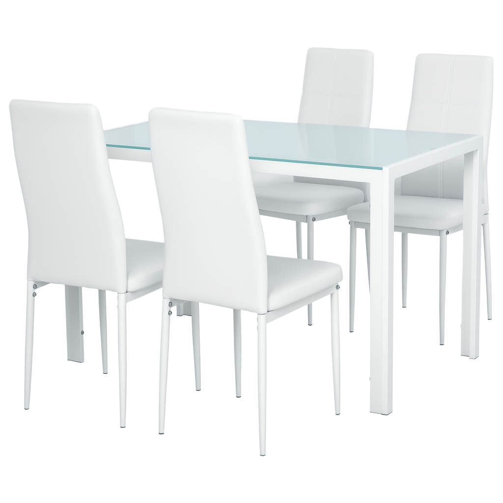 HOMCOM Esszimmer-Set mit Esstisch und Stühlen für 4 Personen, rechteckige Glasplatte, für Küche Wohnzimmer Zuhause, Weiß