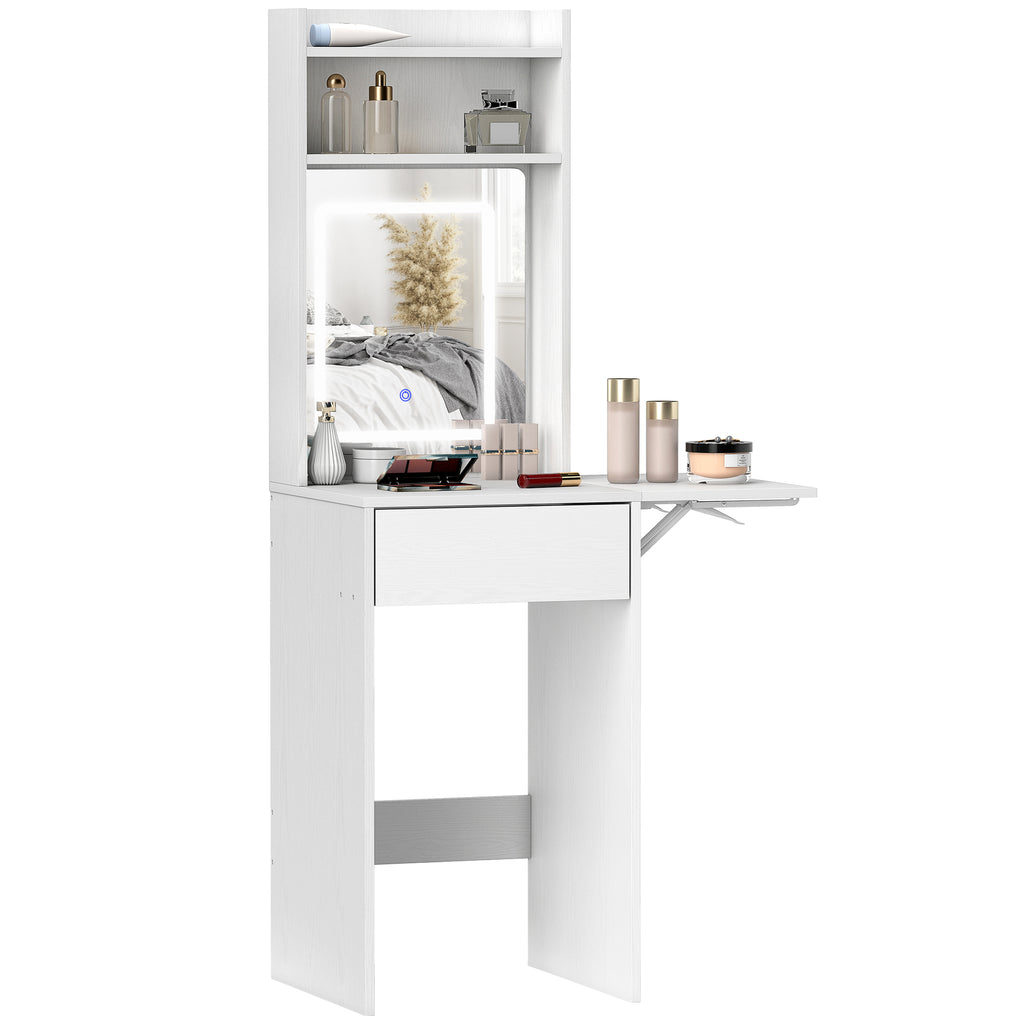 HOMCOM Kompakter Schminktisch mit Spiegel und LED-Beleuchtung, klappbare Tischplatte, offenere Regale, Schublade, MDF, Weiß