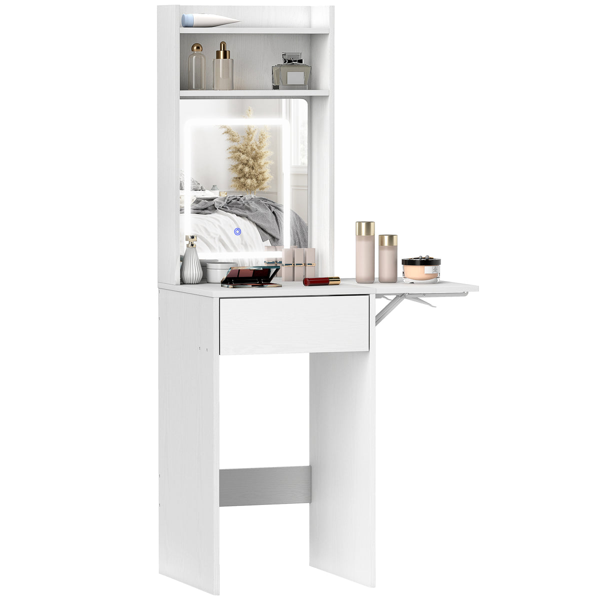HOMCOM Kompakter Schminktisch mit Spiegel und LED-Beleuchtung, klappbare Tischplatte, offenere Regale, Schublade, MDF, Weiß