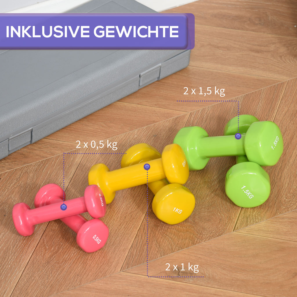 HOMCOM Kurzhantel Set mit Koffer Tragbar 2 x 0,5 kg, 2 x 1 kg, 2 x 1,5 kg Hantelset  6er Set Stahl Bunt