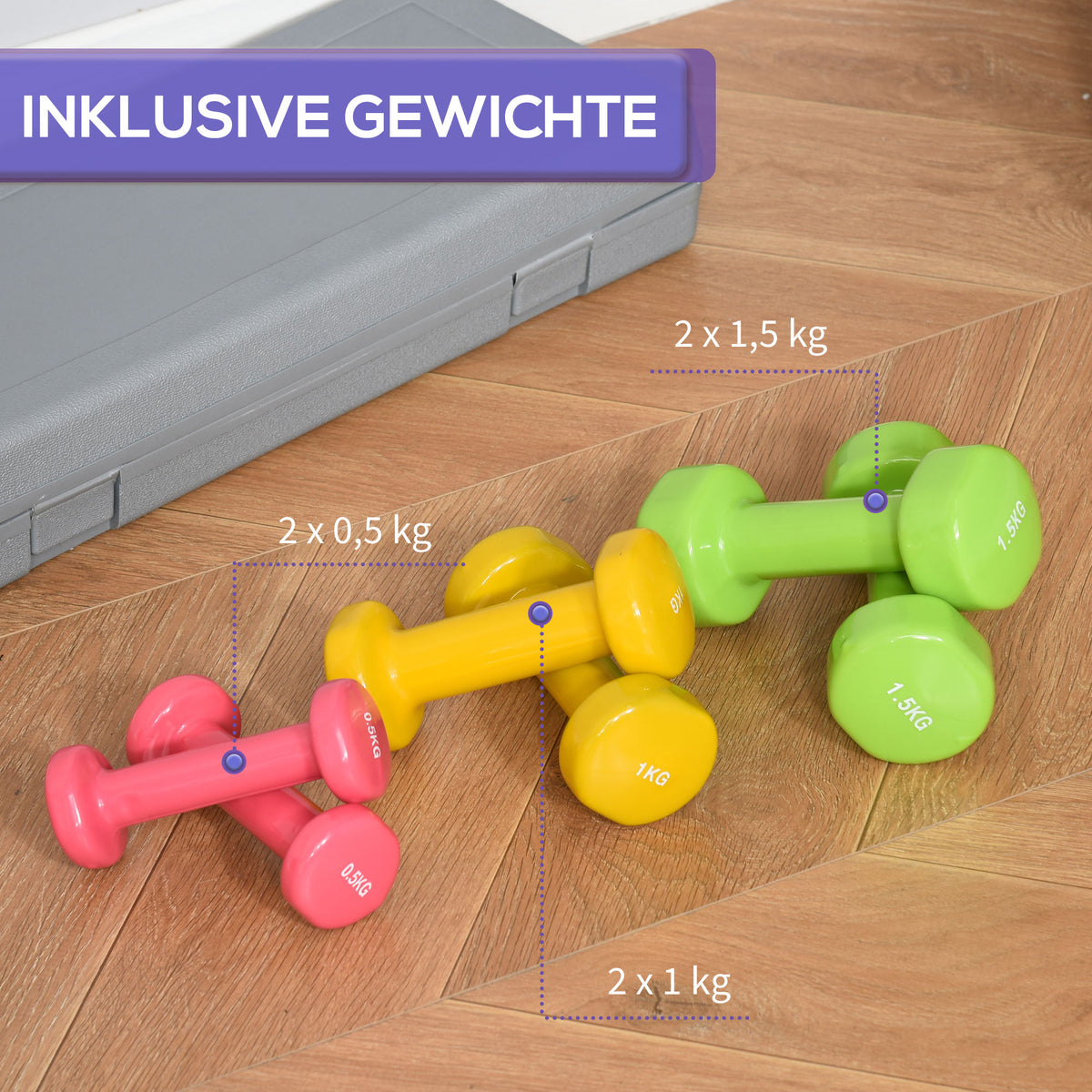HOMCOM Kurzhantel Set mit Koffer Tragbar 2 x 0,5 kg, 2 x 1 kg, 2 x 1,5 kg Hantelset  6er Set Stahl Bunt