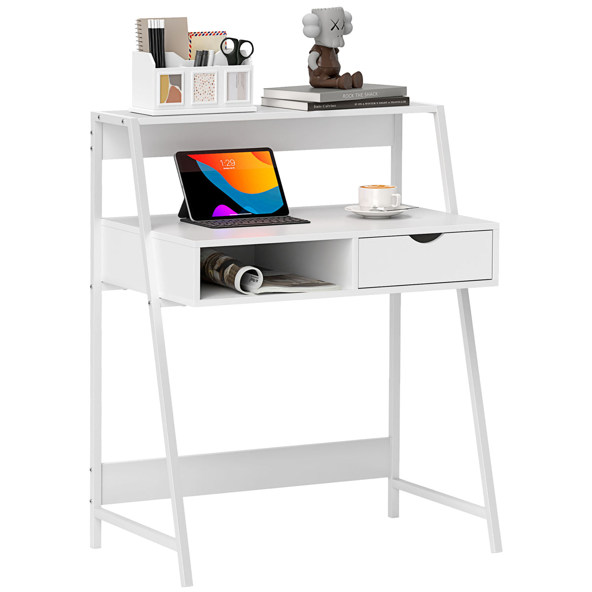 HOMCOM Sekretär Computertisch Büro im Retro-Stil Schublade Fach Metall Weiß
