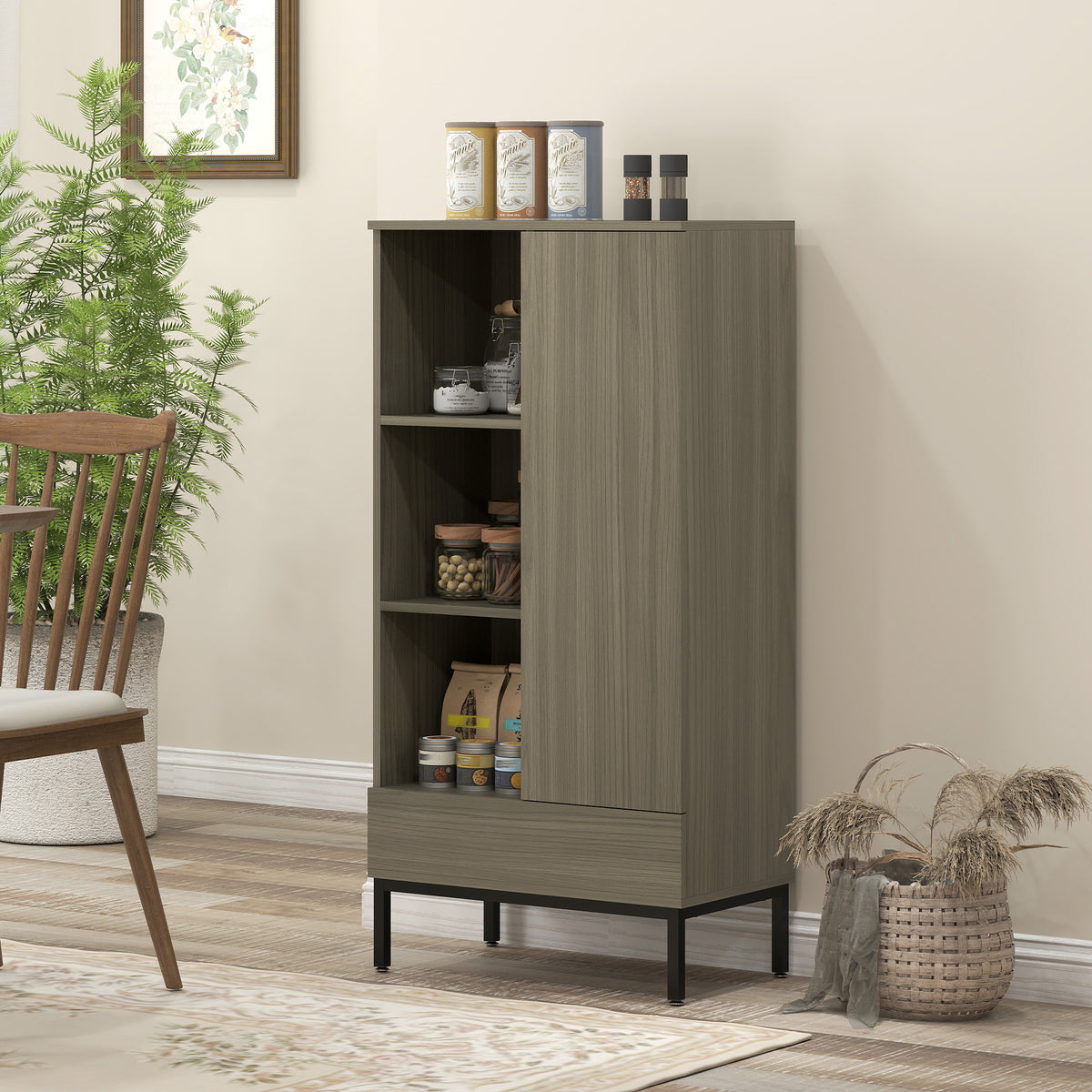 HOMCOM Aparador für Wohnzimmer Modern mit Tür Schublade Verstellbares Regal und 3 offenen Fächern 60x34x121 cm Natürlich