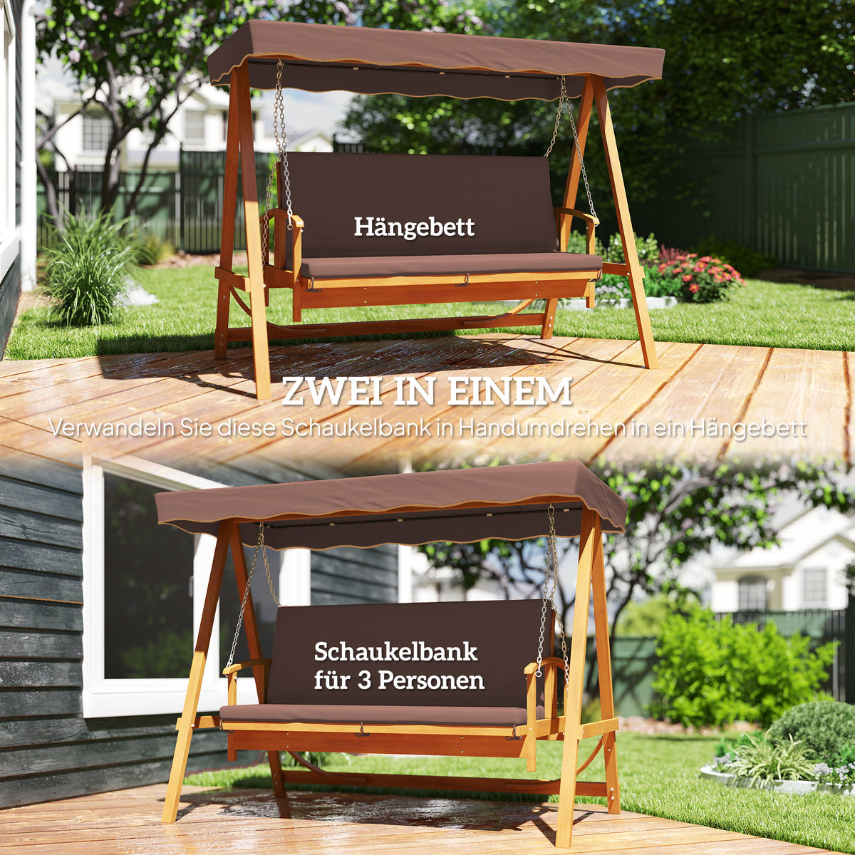 Outsunny Hollywoodschaukel mit Sonnendach, Echtholz-Gartenschaukel, Schaukelbank mit Liege-Funktion, für 3 Personen, Braun
