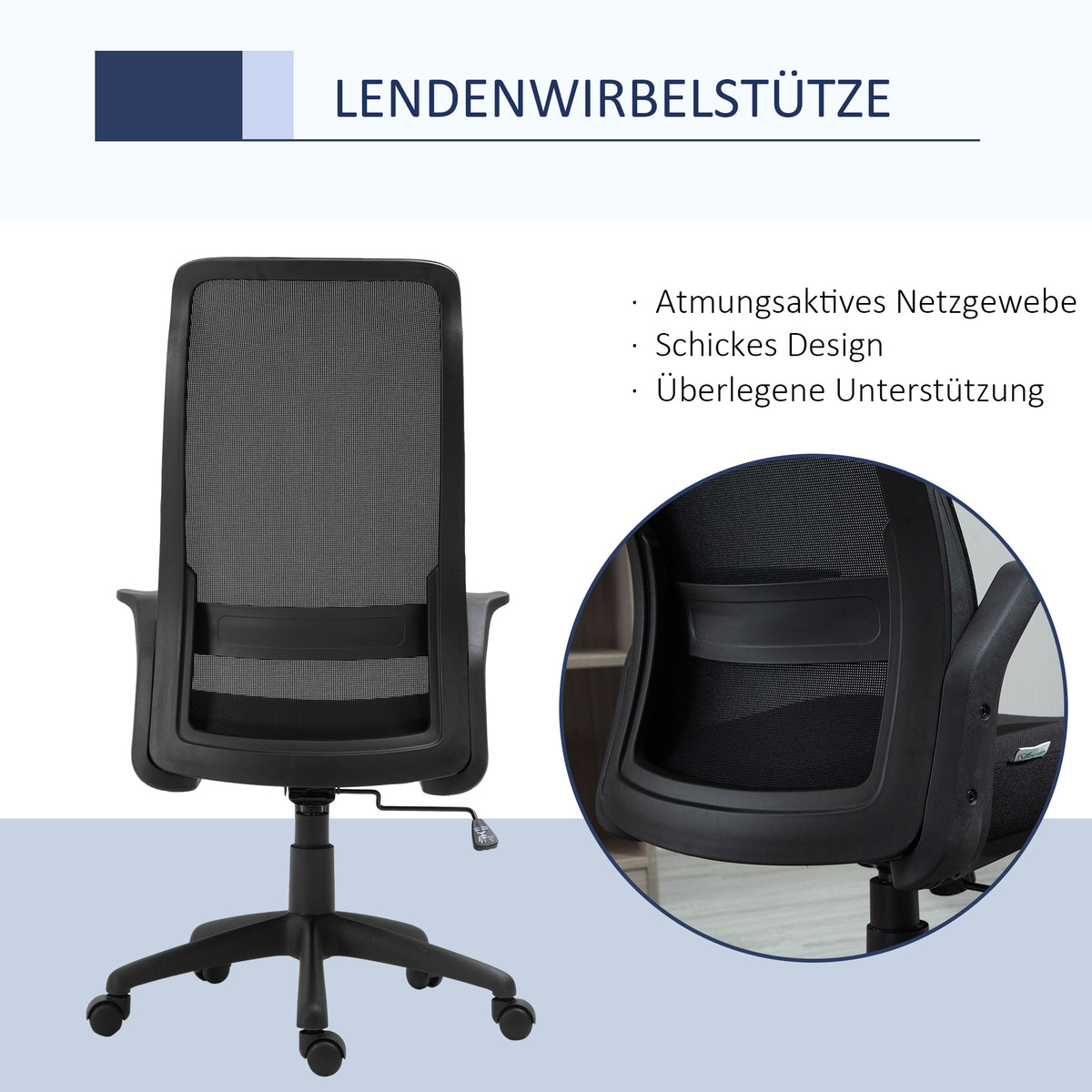 Vinsetto Bürostuhl Kopflehne Home-Office-Stuhl höhenverstellbarer Schreibtischstuhl ergonomisch 360°-Drehräder Büro Schaumstoff Nylon Schwarz 62 x 62 x 113-122 cm