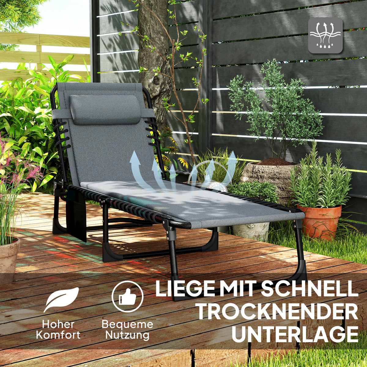 Outsunny Liegestuhl, Sonnenliege mit Polsterung und Seitentasche, Gartenliege, Pool-Liege, Polsterliege, Grau