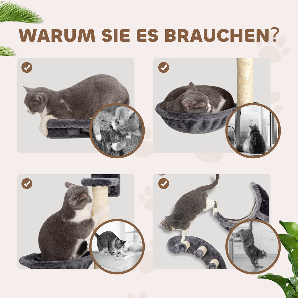 PawHut Kletterwand Katzen 4-teilig Katzen Kletterwand Set mit Hängematte, Katzenbrücke bis zu 5 kg, Dunkelgrau