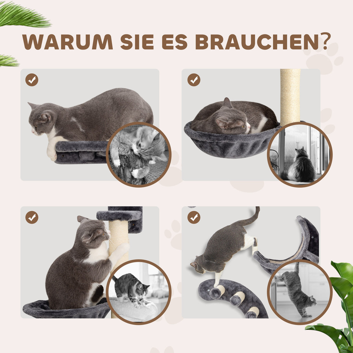 PawHut Kletterwand Katzen 4-teilig Katzen Kletterwand Set mit Hängematte, Katzenbrücke bis zu 5 kg, Dunkelgrau