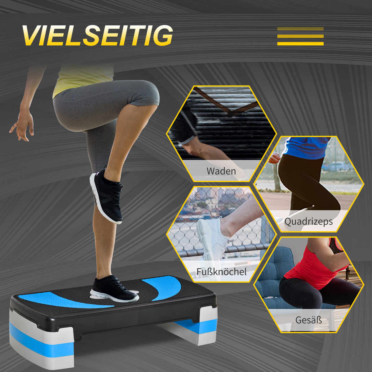 HOMCOM Aerobic-Stepper 3-stufig höhenverstellbar 80 x 31 x 20 cm Schwarz+Hellblau+Grau