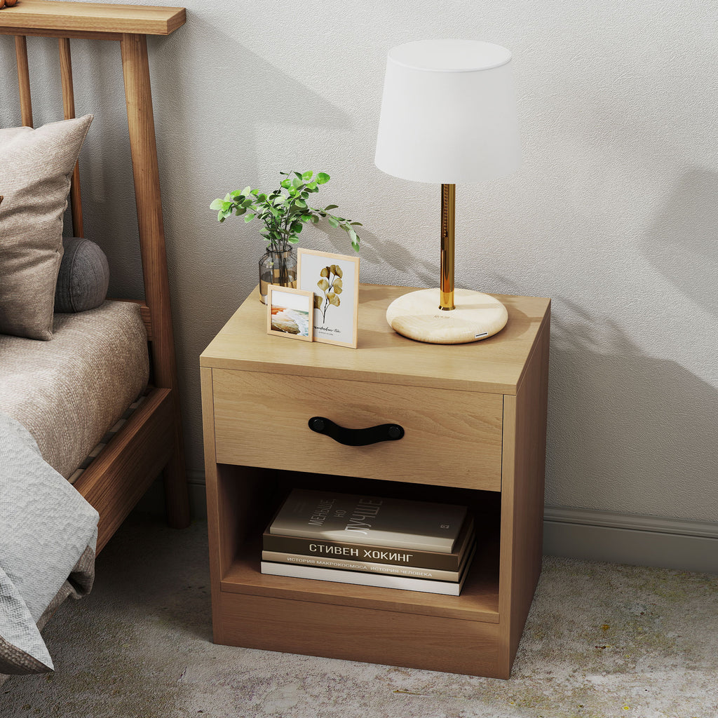 HOMCOM Pack von 2 Nachttischen mit Schublade und Offenem Fach für Wohnzimmer 39x28x41 cm Natur