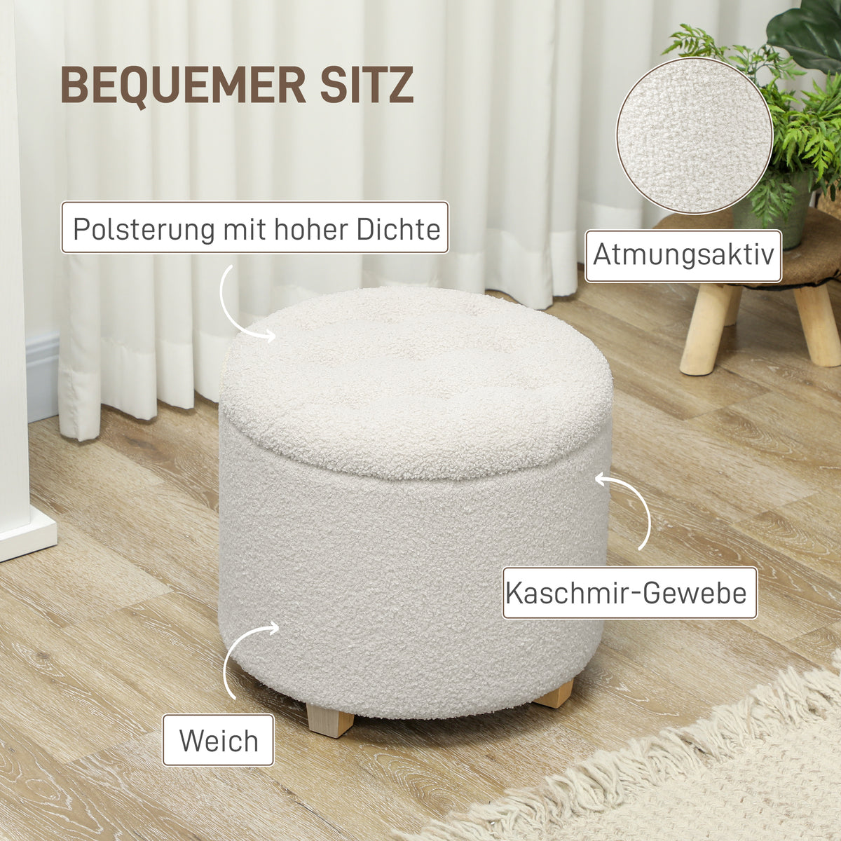 HOMCOM Sitzhocker mit Stauraum, Hocker mit Deckel, Runder Fußhocker, Aufbewahrungsbox, mit Holzbeinen, Weiß