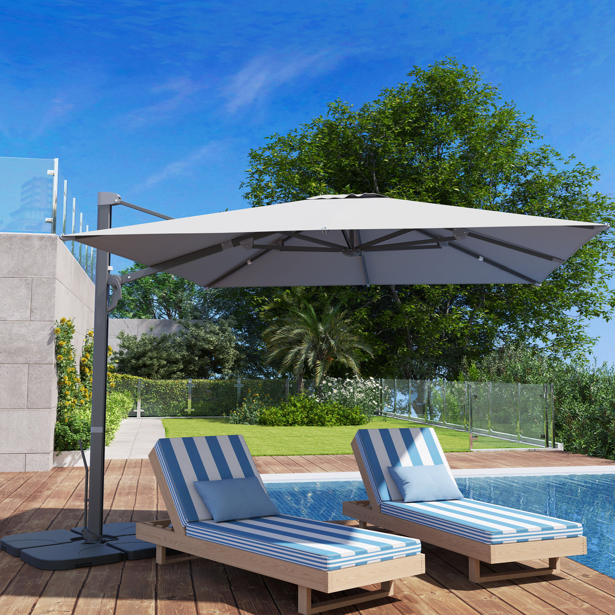 Outsunny Alu Ampelschirm 3 x 3 m 360° drehbar Sonnenschirm mit Kurbel Ständer Windschutz Hellgrau