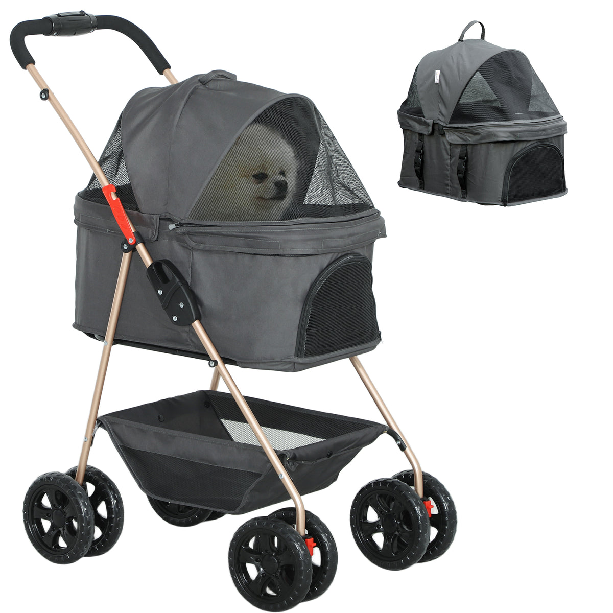 PawHut 3-in-1-Haustierkinderwagen, zusammenklappbarer Hundewagen mit 4 Rädern und abnehmbarer Trage für Hunde und Katzen, Grau