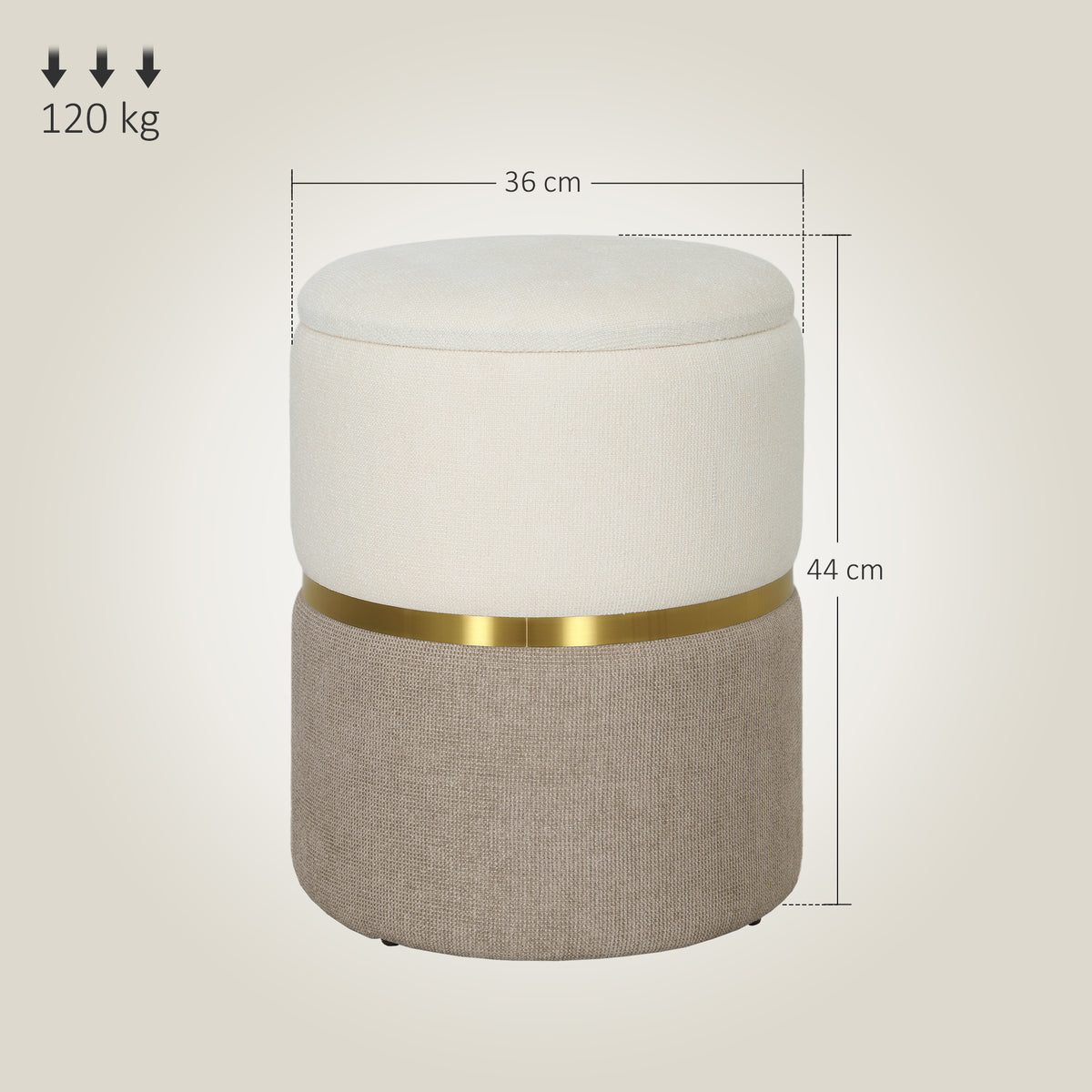 HOMCOM Sitzhocker mit Stauraum Hocker mit Deckel, Metallring, zweifarbig Design 36 x 36 x 44 cm Cremeweiß