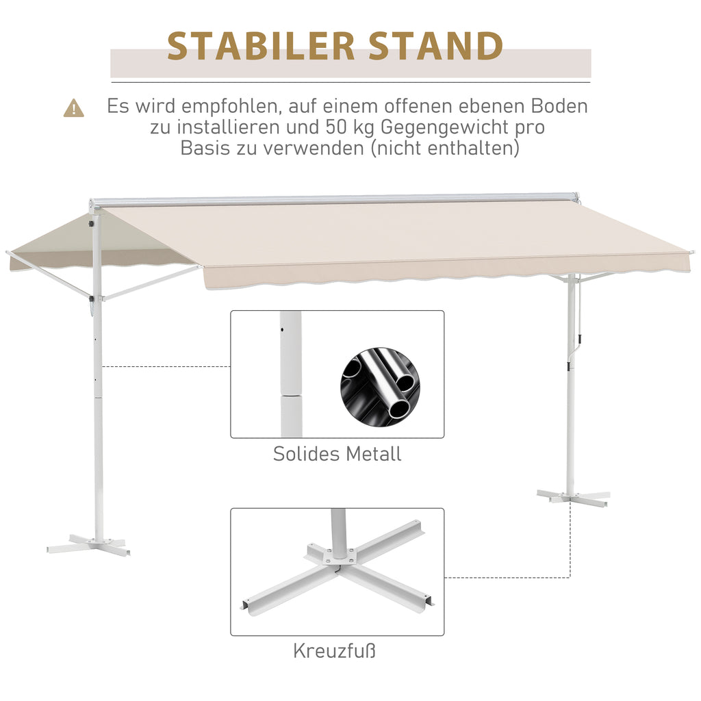 Outsunny Standmarkise Markise 4,5 x 3,4m Terrassenüberdachung Gartenmarkise mit Faltarm Kurbel Terrasse Creme Alu Metall