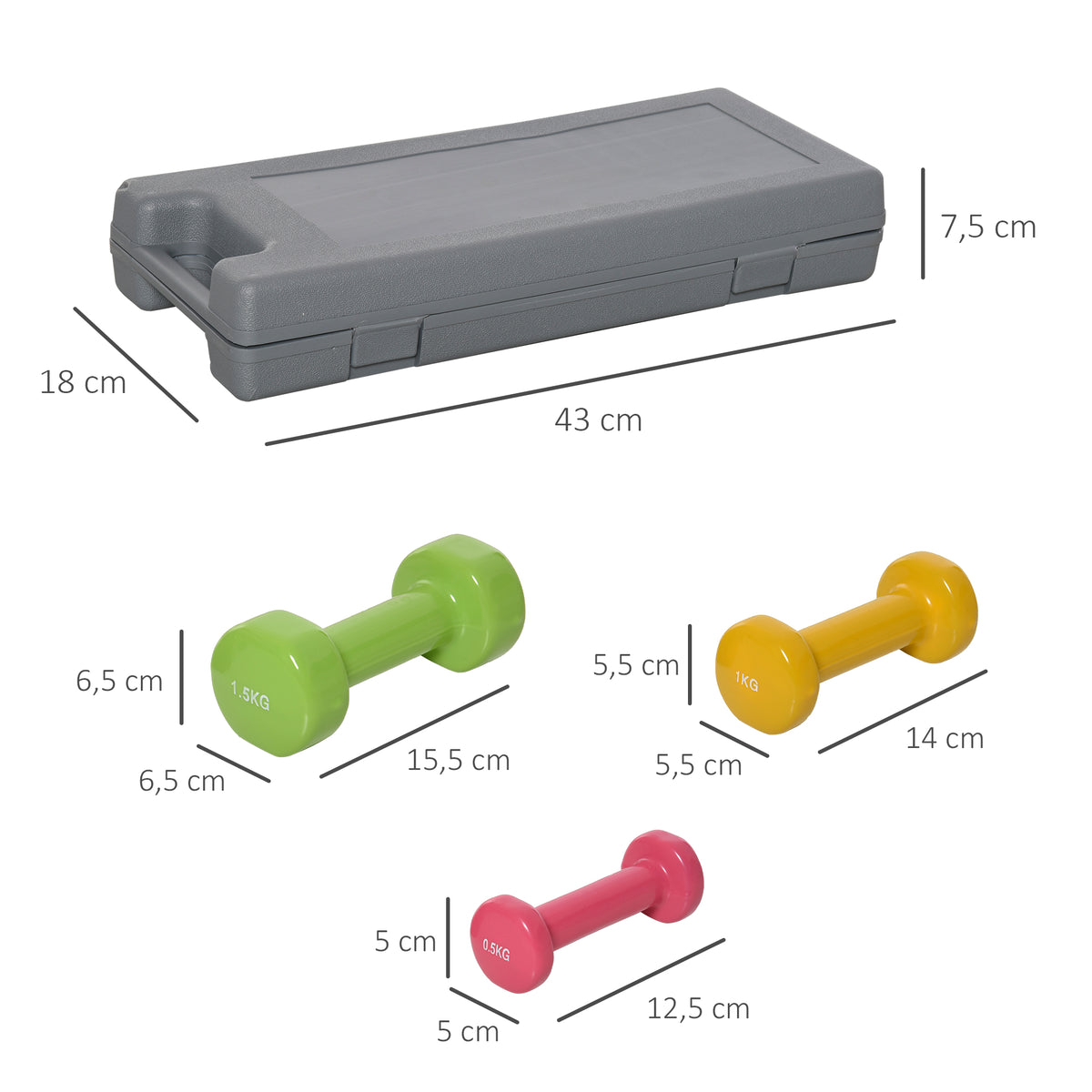 HOMCOM Kurzhantel Set mit Koffer Tragbar 2 x 0,5 kg, 2 x 1 kg, 2 x 1,5 kg Hantelset  6er Set Stahl Bunt