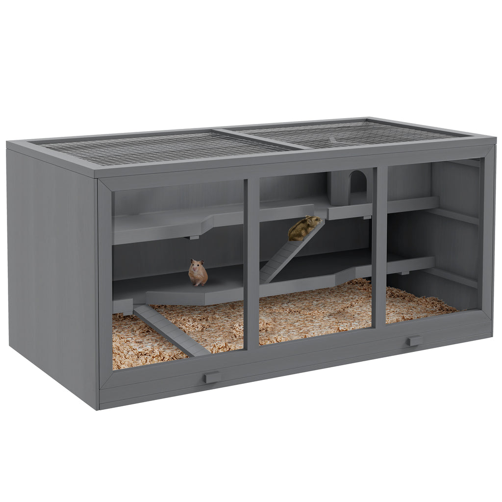 PawHut Zwerghamsterkäfig, Nagerkäfig, Kleintierbox, abschließbar, Holz, pflegeleicht, Grau