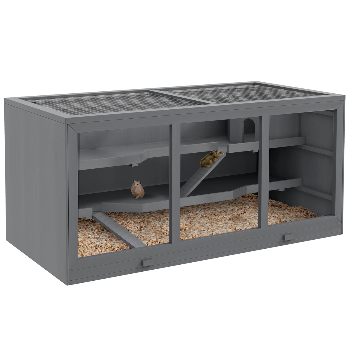 PawHut Zwerghamsterkäfig, Nagerkäfig, Kleintierbox, abschließbar, Holz, pflegeleicht, Grau
