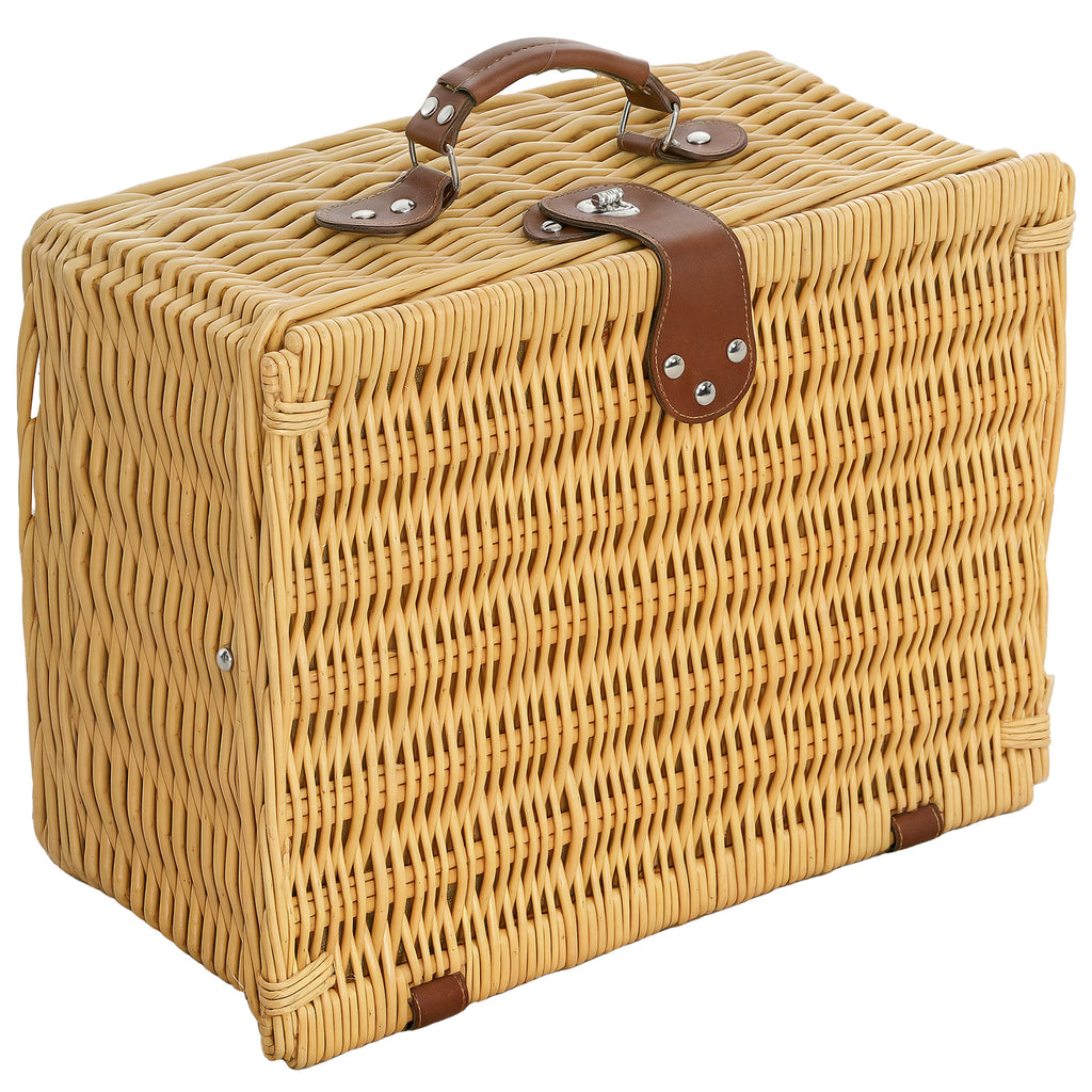 Outsunny Picknickkorb aus Weide für 2 Personen mit Tellern, Gläsern, Korkenzieher und Besteck, 40x30x20 cm, Hellbraun