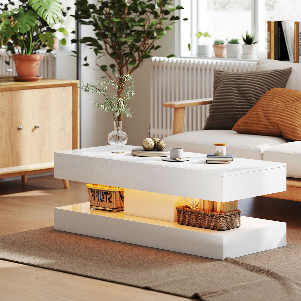HOMCOM Wohnzimmertisch mit Schubladen und LED-Lichtern, moderner Sofatisch mit offener Ablage, Couchtisch, Spanplatte, Weiß