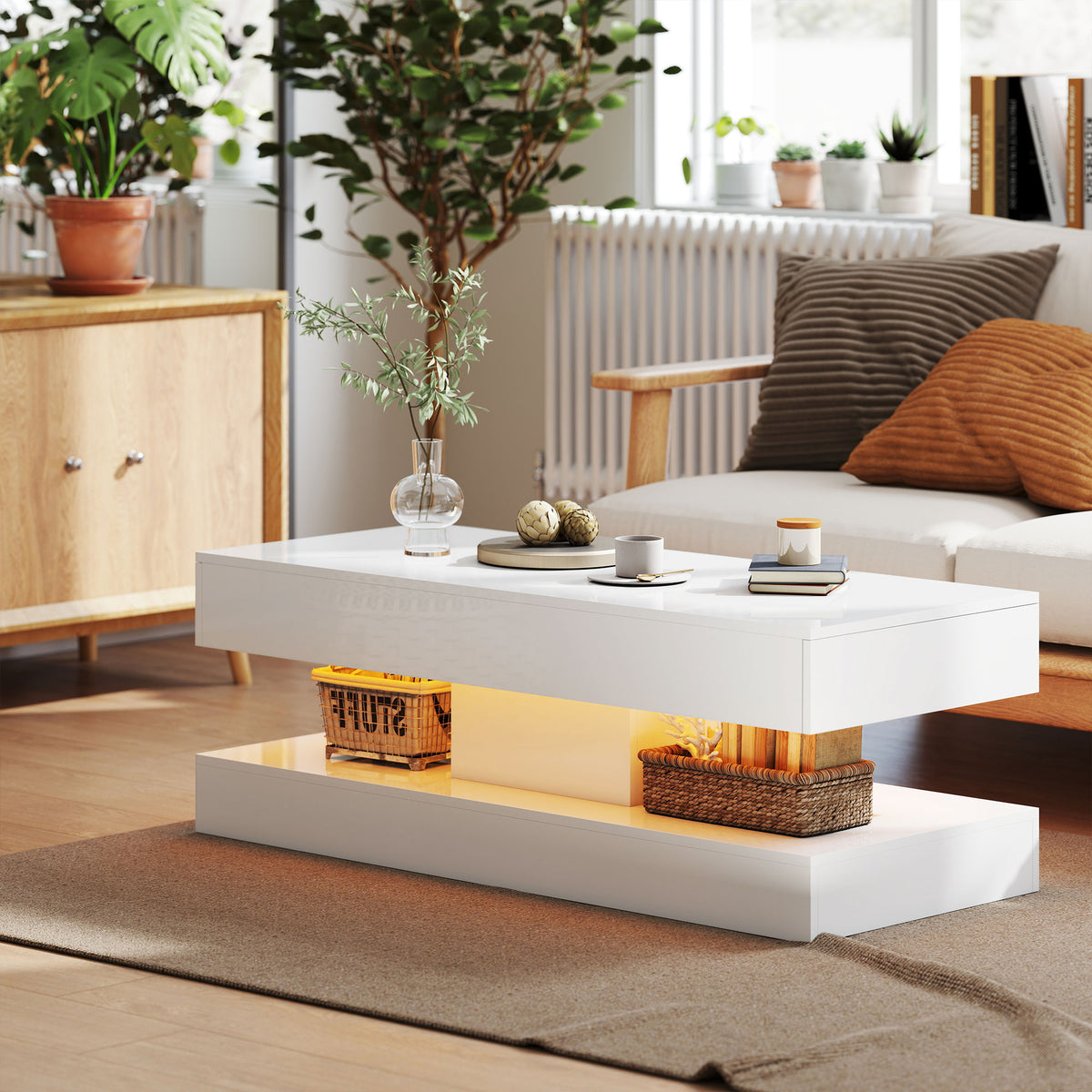 HOMCOM Wohnzimmertisch mit Schubladen und LED-Lichtern, moderner Sofatisch mit offener Ablage, Couchtisch, Spanplatte, Weiß