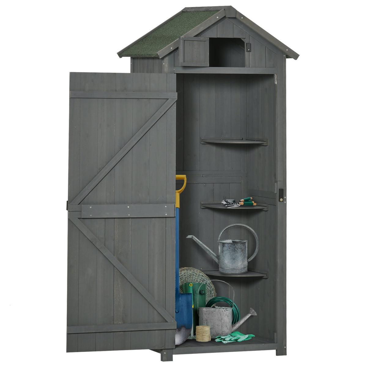 Outsunny Gartenschrank Holz, Geräteschuppen wetterfest 77x54,2x179cm, Gerätehaus mit Tür, Satteldach, Geräteschrank mit Böden, Werkzeugschrank Gartenschuppen für Garten, Terrasse, Grau+Grün