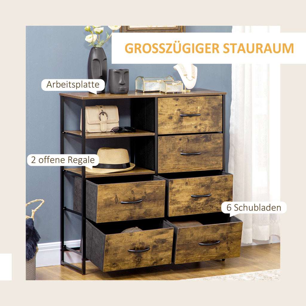HOMCOM Kommode mit sechs Schubladen, offene Regale, MDF und Stahl, 84x30x92 cm, Braun/Schwarz, verstellbare Füße