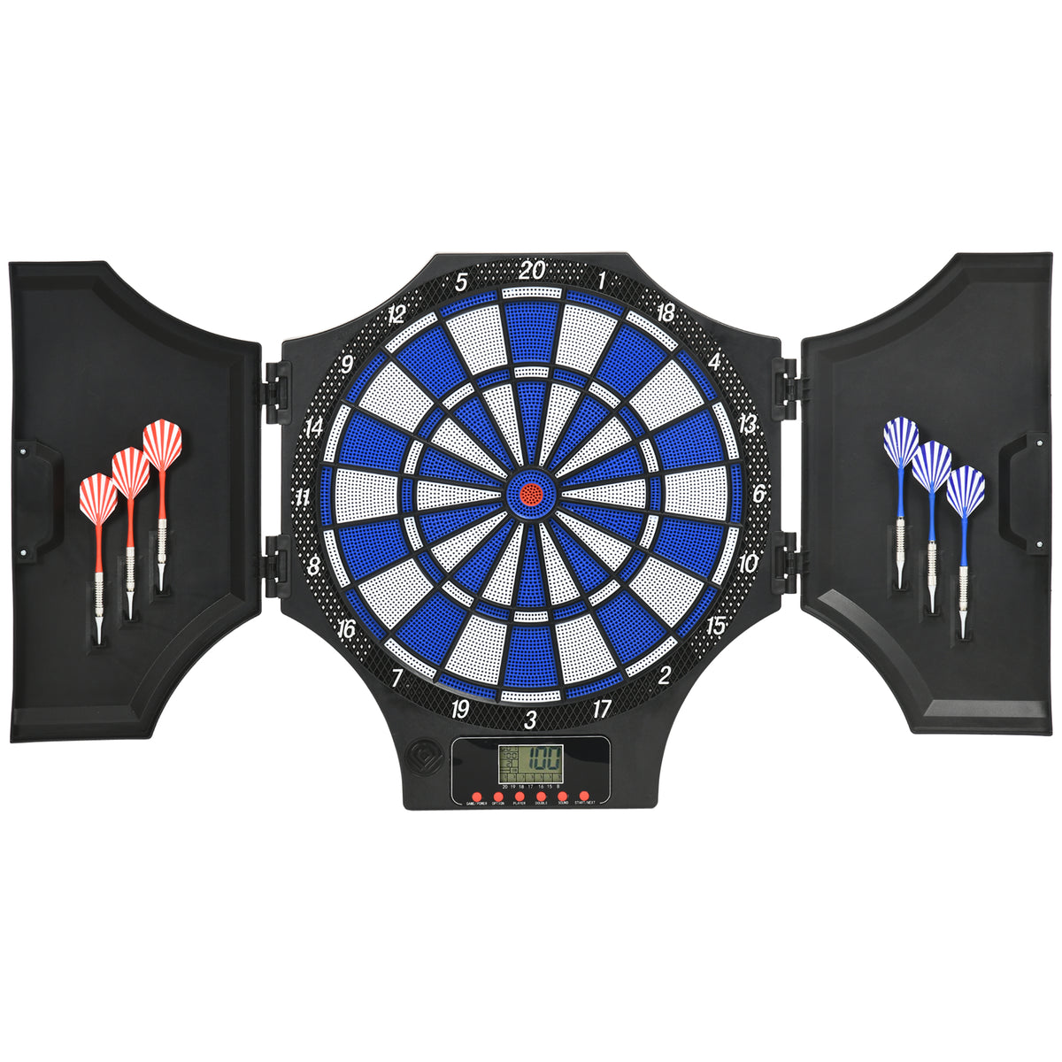 SPORTNOW Elektronische klappbare Dartscheibe mit 2 Türen, 31 Spielen für bis zu 8 Spieler, LCD-Anzeige, Lautsprecher, Schwarz