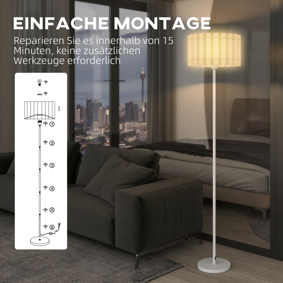 HOMCOM Stehlampe im Retro-Stil, Kunststoff-Lampenschirm, Fußschalter, Metallstab, Weiß