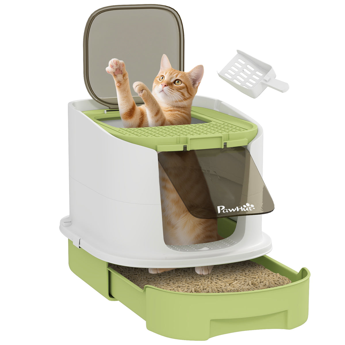 PawHut Geschlossenes Katzenklo mit 2 Türen, herausnehmbarem Tablett, Schaufel und Deodorant, aus PP, 40,5x52,5x42,5 cm, Grün